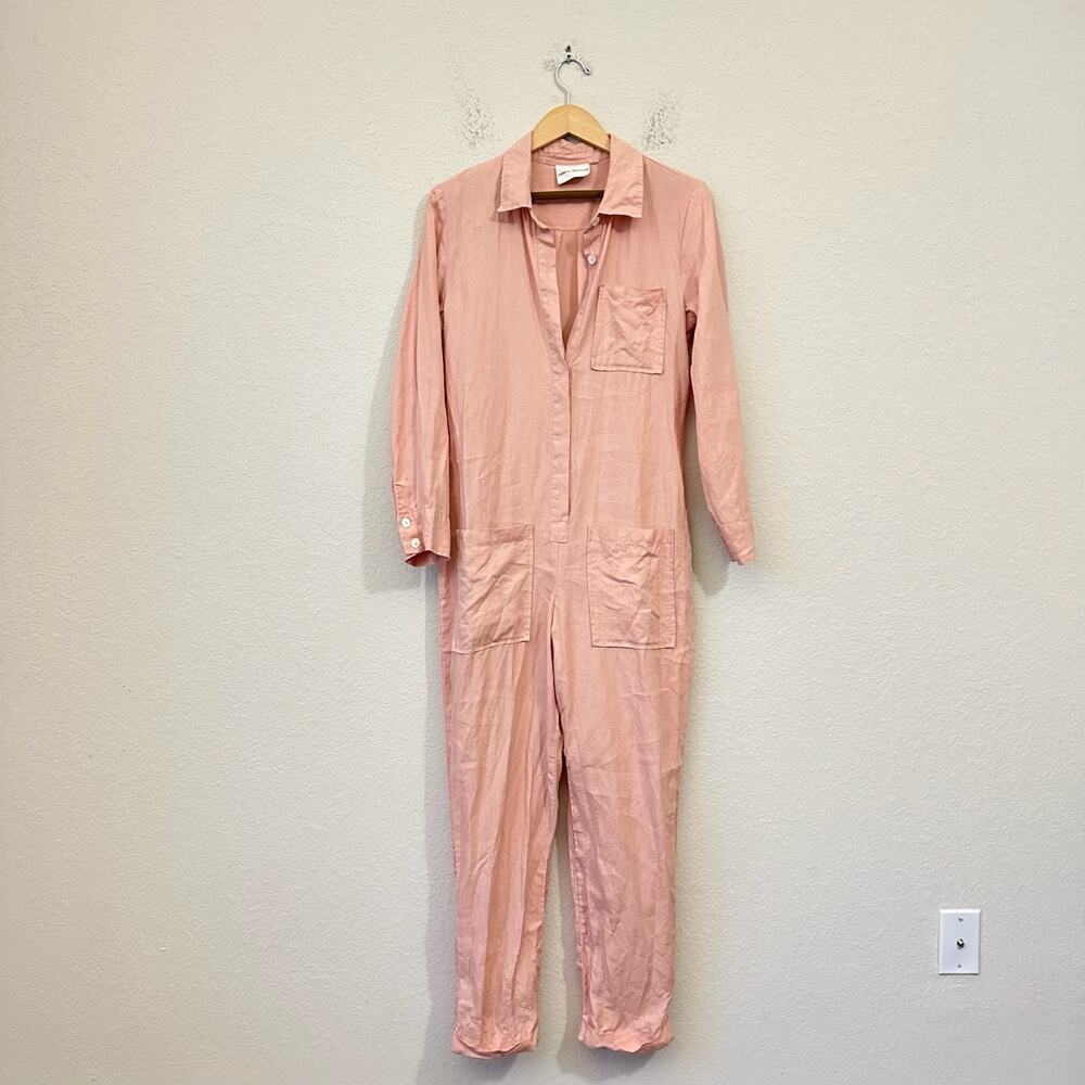 SUNDAY MORNING Isabelle Jumpsuit Musk Pink Linen Utility Button Front